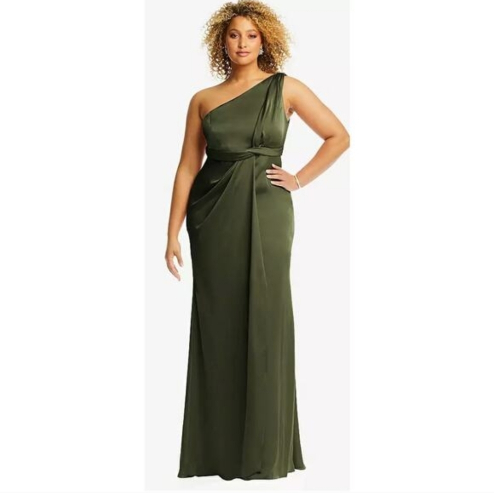 Dessy Collection 3111 One Shoulder Satin Olive Green Gown Formal Dress Sz 0